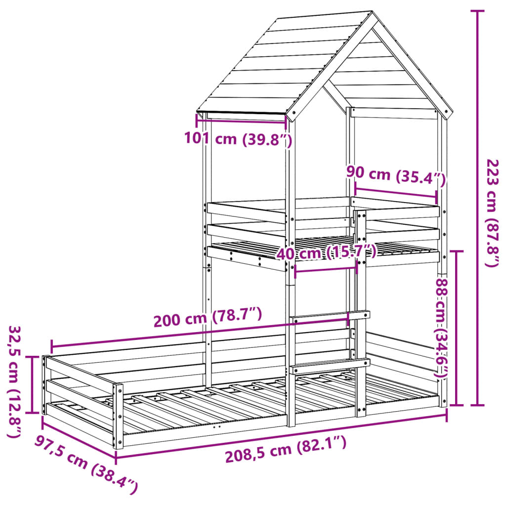 Letto a Castello con Tetto 90x200 cm in Legno Massello di Pino 3282390