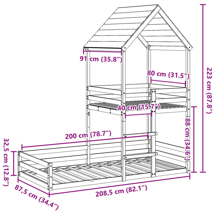 Letto a Castello con Tetto Cera 80x200 cm Legno Massello Pino 3282395