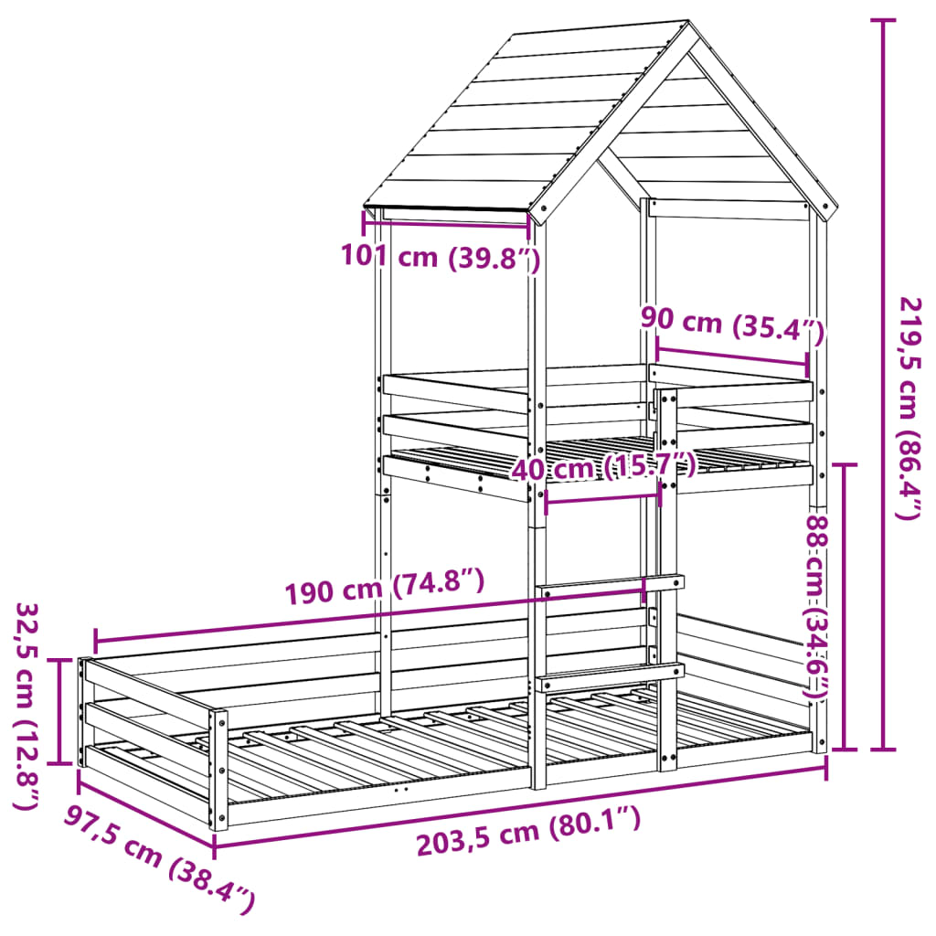 Letto a Castello con Tetto 90x190 cm in Legno Massello di Pino 3282396