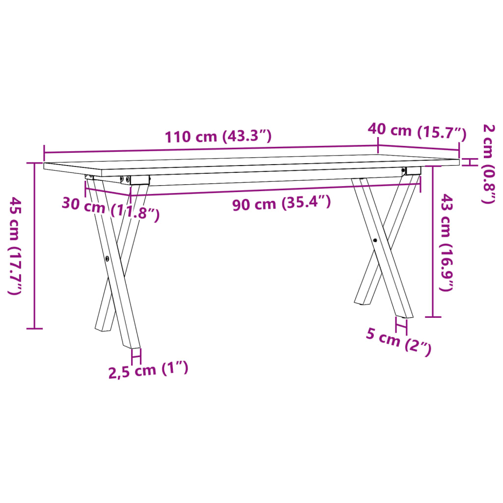 Tavolino Salotto Telaio a X 110x40x45cm Massello Pino e Ghisa 3282689