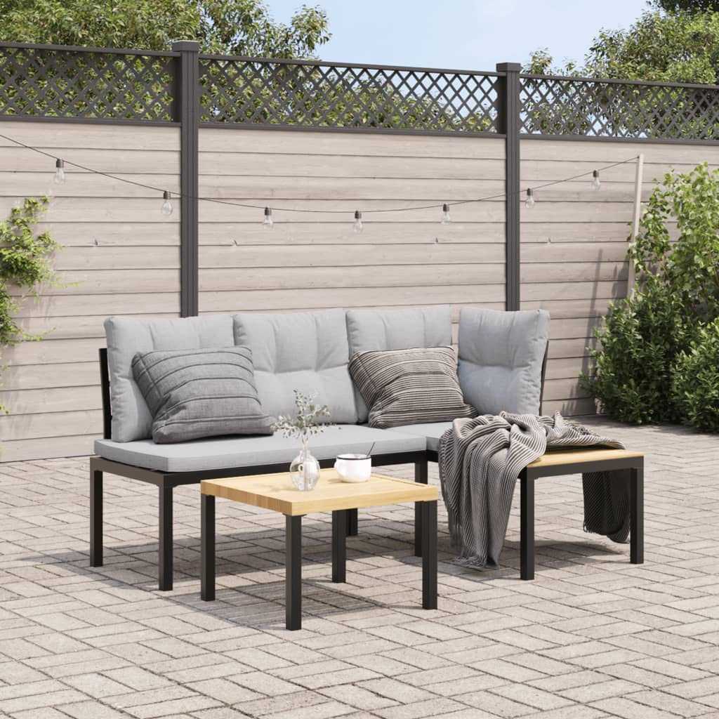 Set Panche Giardino Cuscini 3pz Nero Acciaio Verniciato Polvere 3283648