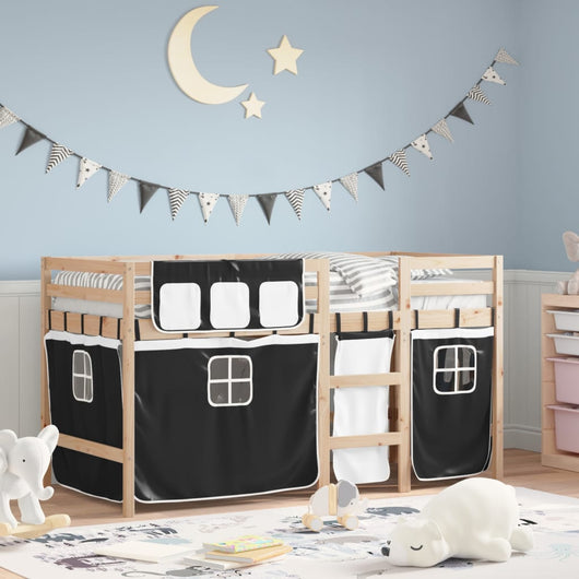 Letto a Soppalco con Tende Bambini Bianco e Nero 80x200 cm Pino 3283808