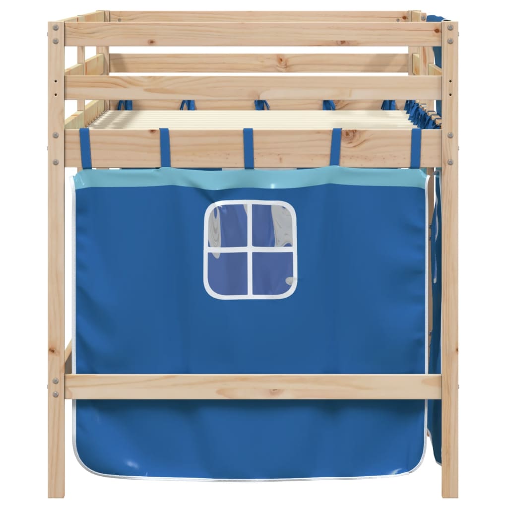 Letto a Soppalco con Tende Bambini Blu 80x200 cm Massello Pino 3283809