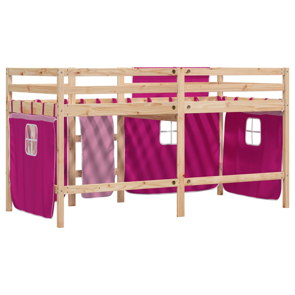 Letto a Soppalco con Tende Bambini Rosa 80x200 cm Massello Pino 3283810