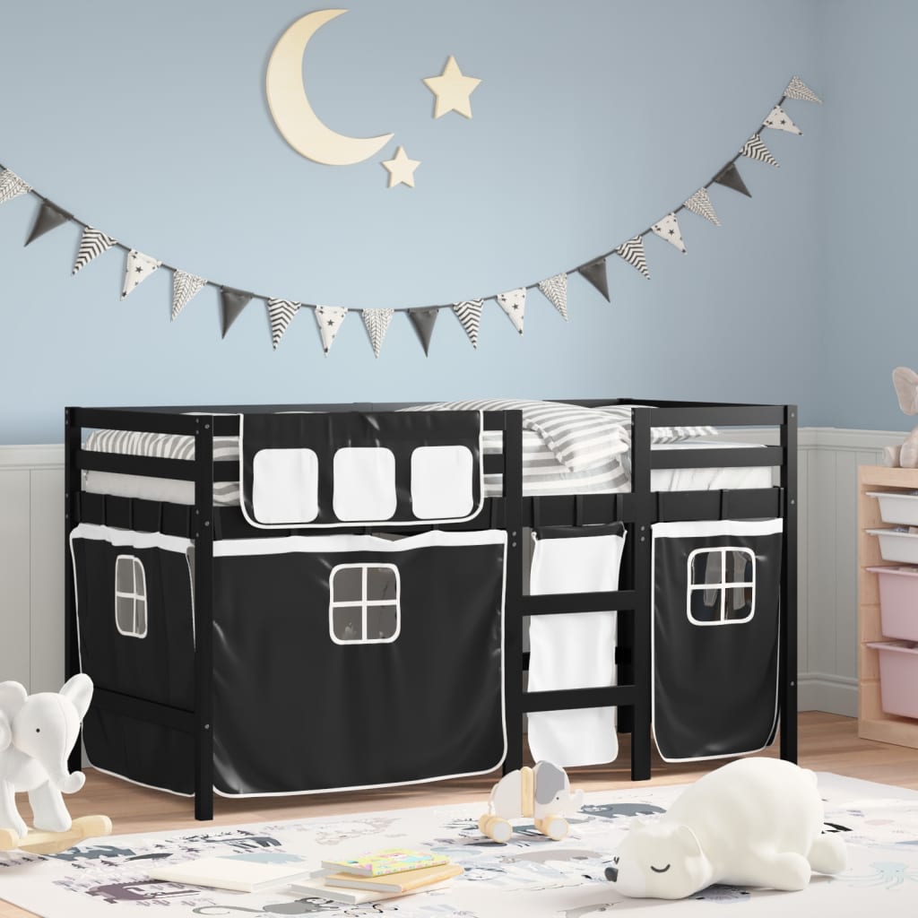 Letto a Soppalco con Tende Bambini Bianco e Nero 80x200 cm Pino 3283814