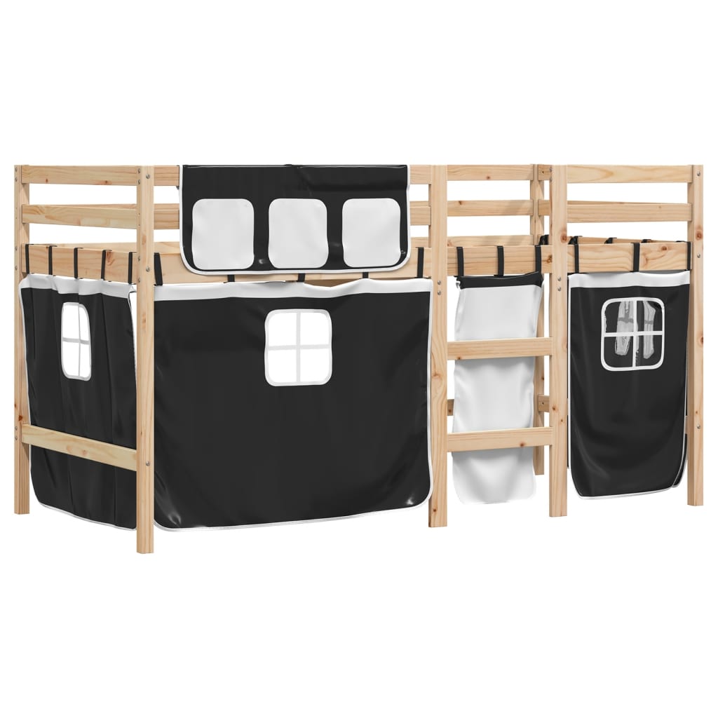 Letto a Soppalco con Tende Bambini Bianco e Nero 90x200 cm Pino 3283817