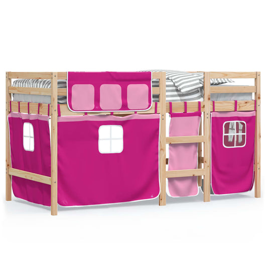 Letto a Soppalco con Tende Bambini Rosa 90x200 cm Massello Pino 3283819