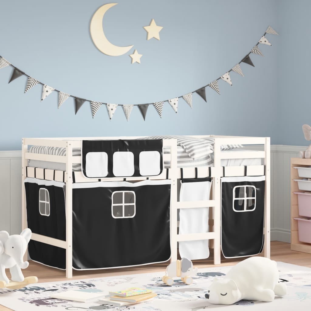 Letto a Soppalco con Tende Bambini Bianco e Nero 90x200 cm Pino 3283820