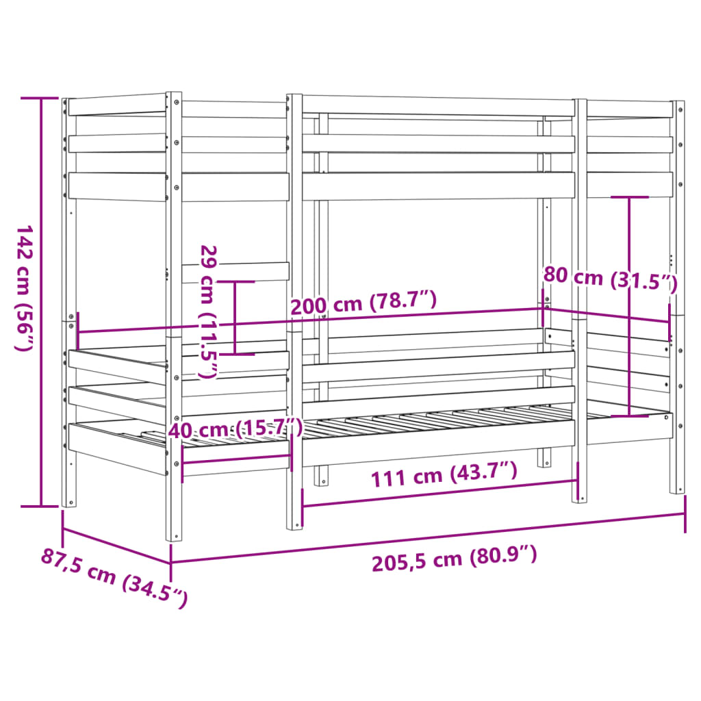 Letto a Castello Bianco 80x200 cm in Legno Massello di Pino 3284216