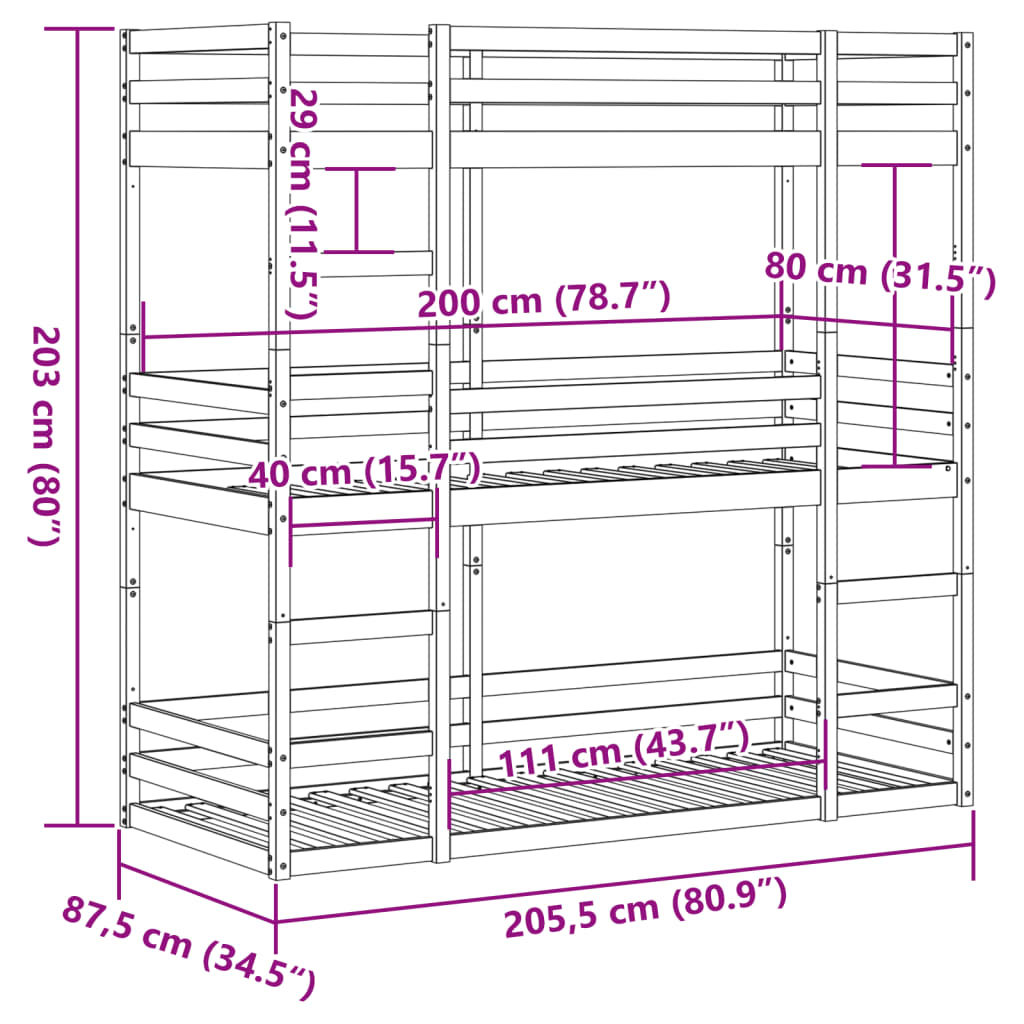 Letto Castello Triplo Marrone Cera 80x200cm Legno Massello Pino 3284253