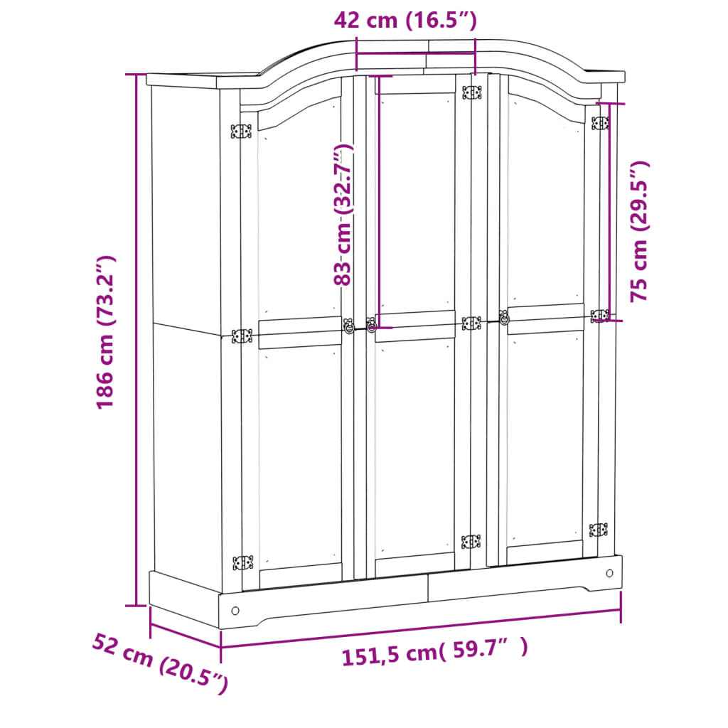 Armadio Corona 151,5x52x186 cm in Legno Massello di Pino 4012158