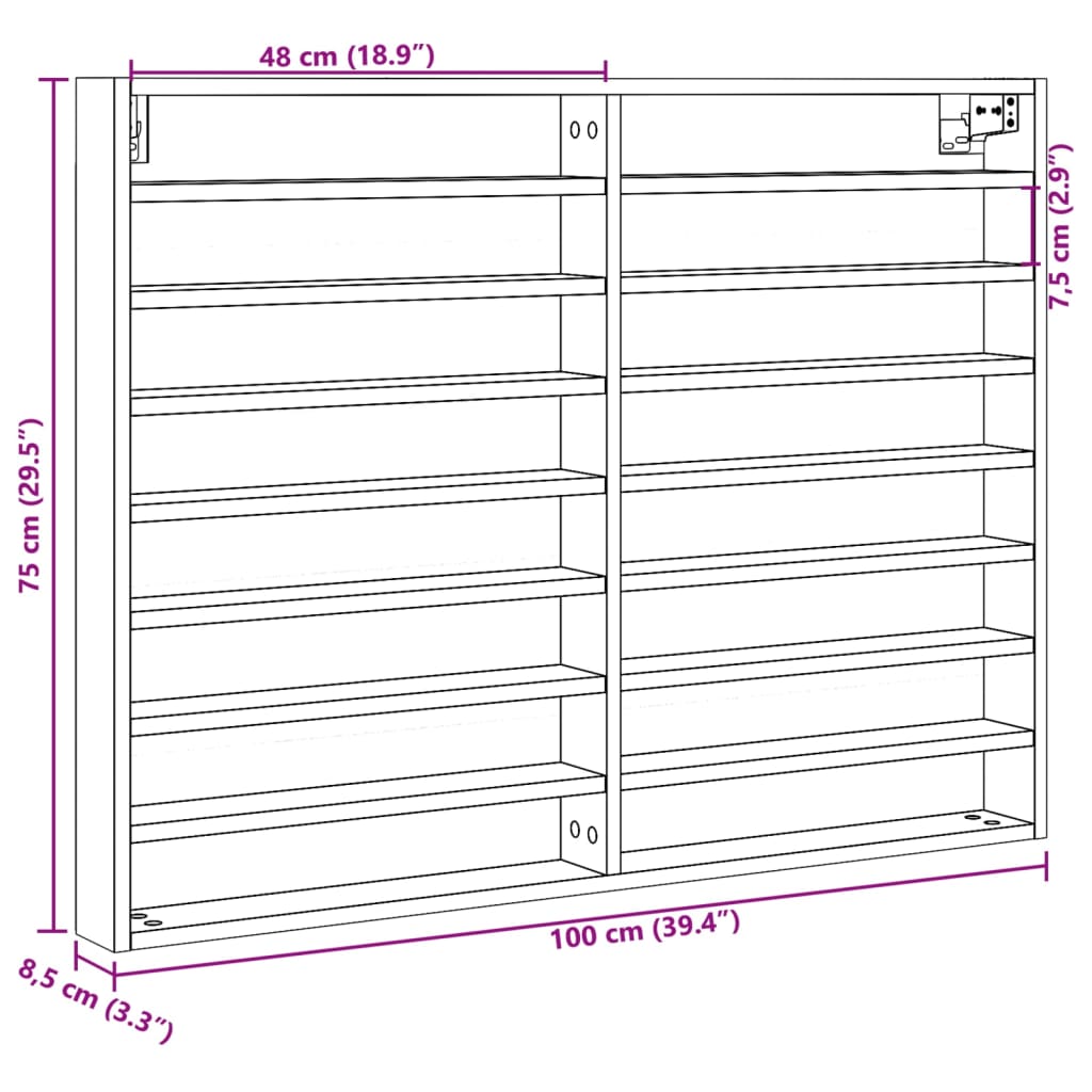 Armadietto Vetrina Rovere Sonoma 100x8,5x75cm Legno Multistrato 847935