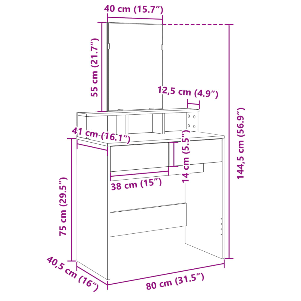 Toeletta con Specchio Grigio Cemento 80x41x144,5 cm 848174