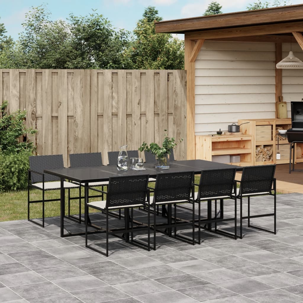 Set da Pranzo da Giardino 9 pz con Cuscini Nero in Polyrattan 3295060