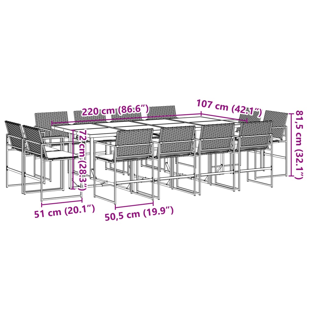 Set da Pranzo da Giardino 13pz con Cuscini Nero in Polyrattan 3295065