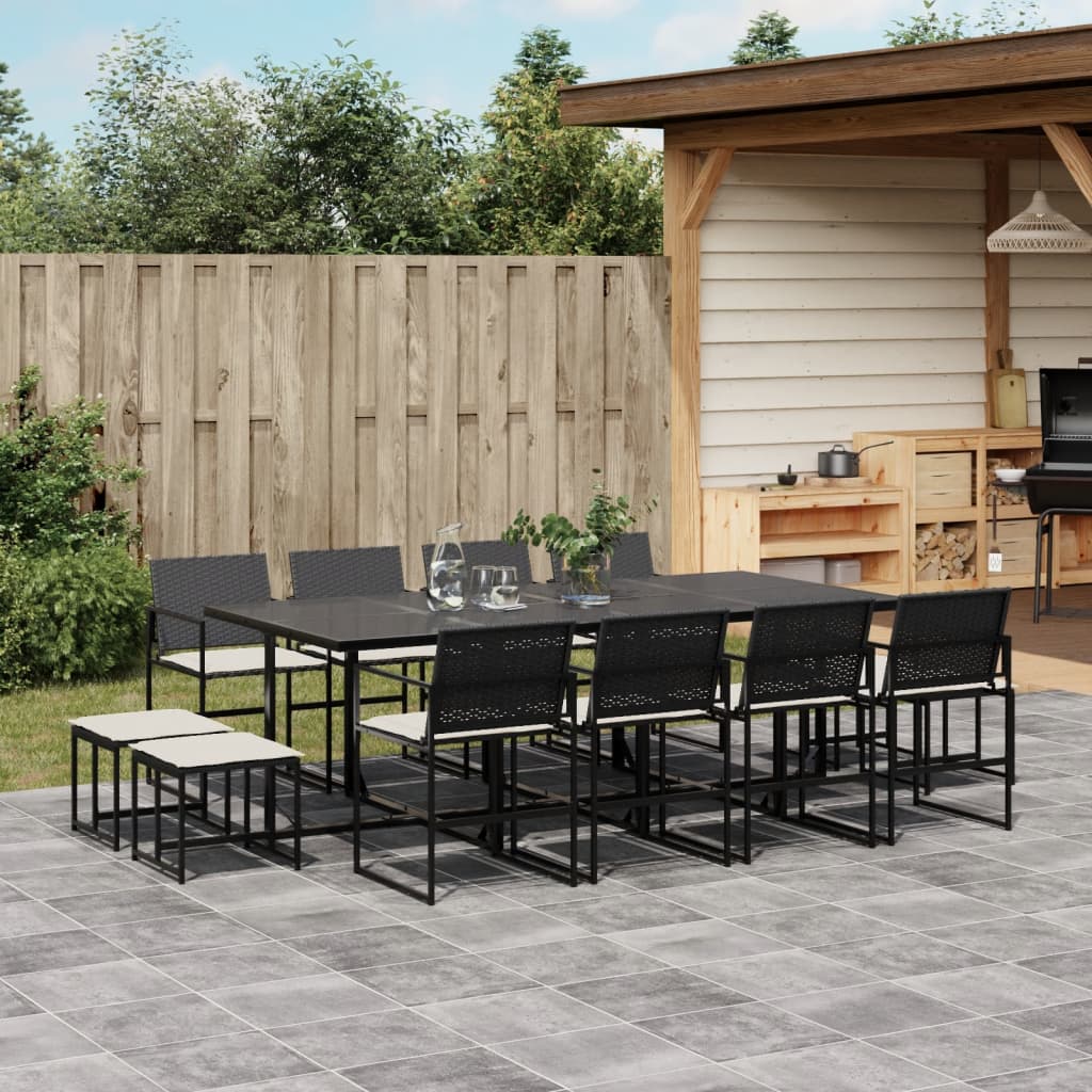 Set da Pranzo da Giardino 13pz con Cuscini Nero in Polyrattan 3295070