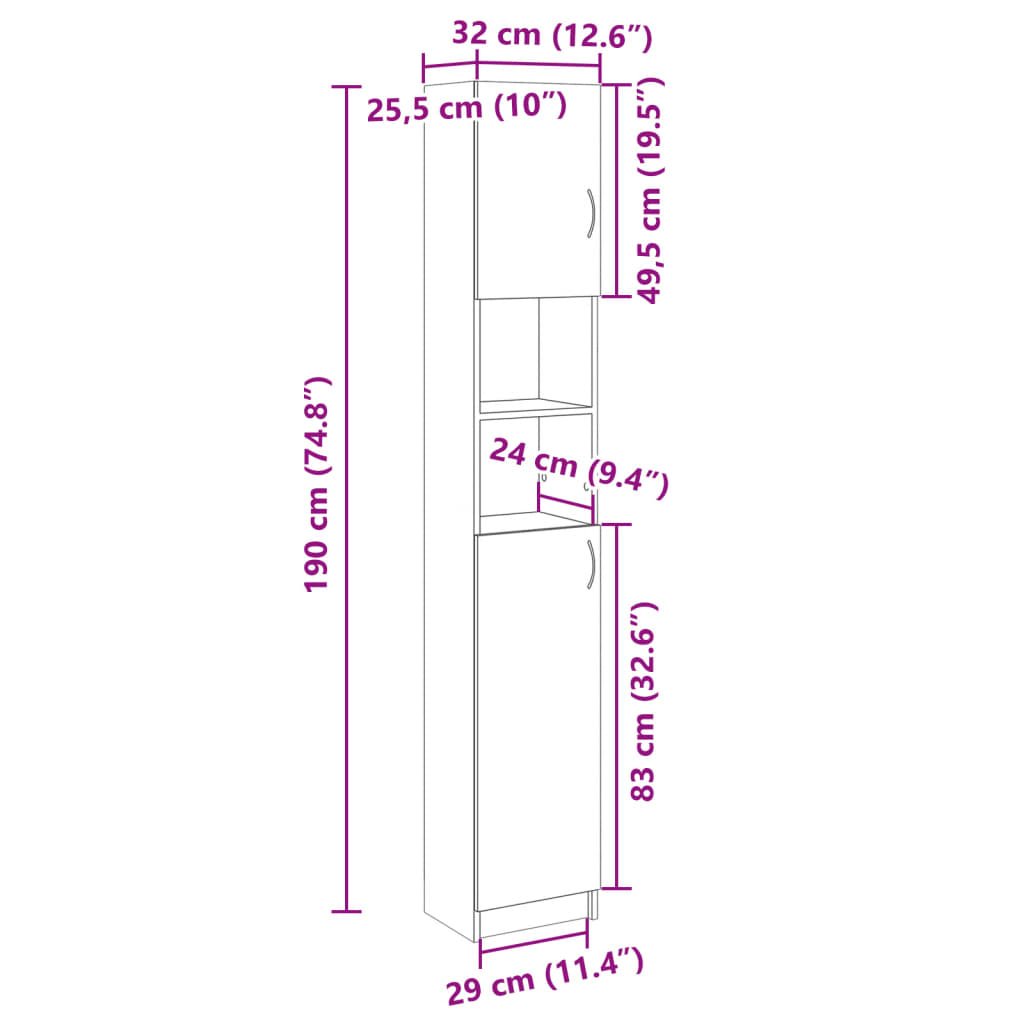 Mobile da Bagno Rovere Marrone 32x25,5x190 cm Legno Multistrato 849606