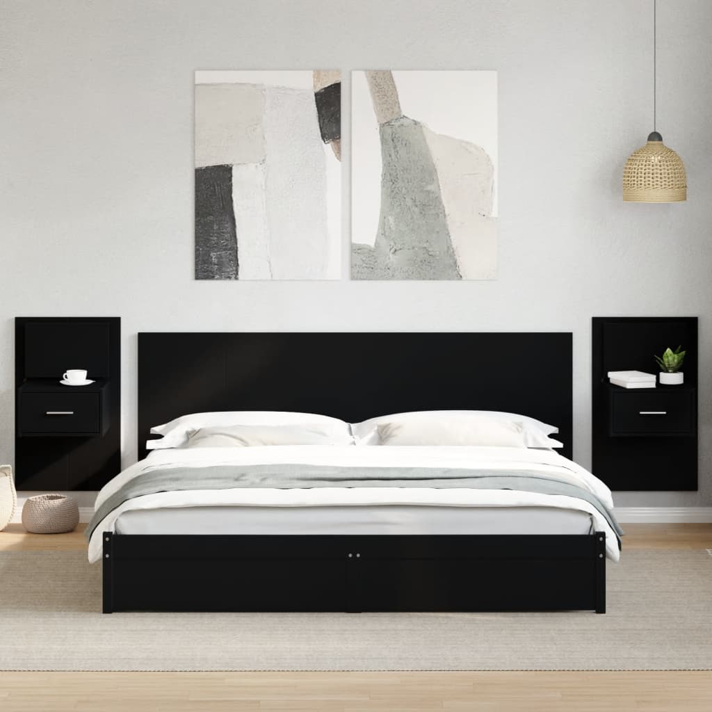 Testiera Letto con Comodini Nera 200 cm in Legno Multistrato 3295346