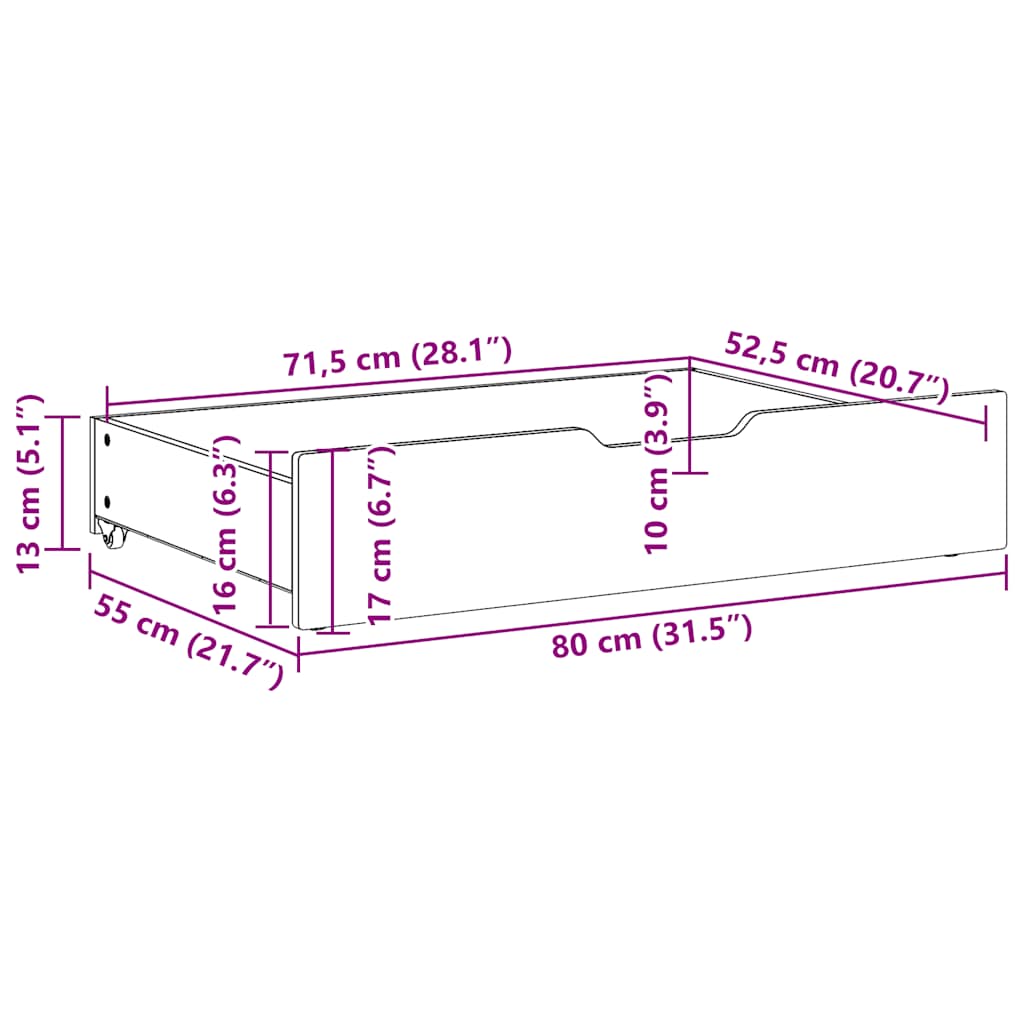 Cassettoni per Letto 2pz Marrone Cera 80x55x16 cm Legno di Pino 850931