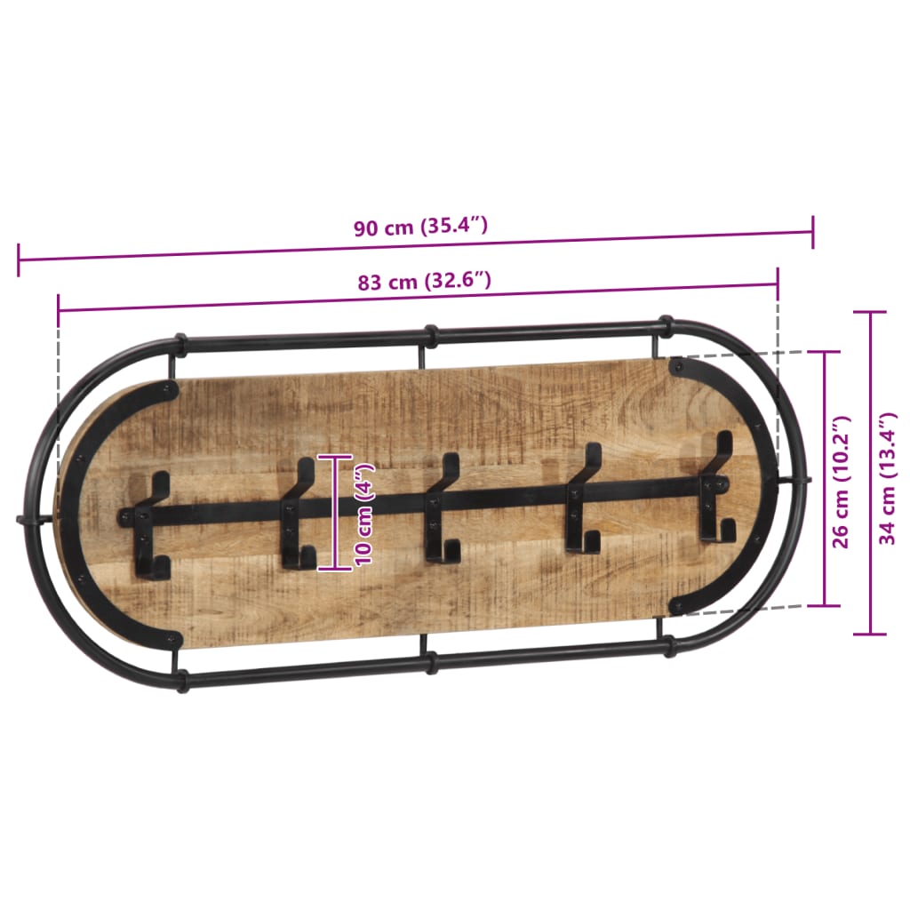 Appendiabiti da Parete con 5 Ganci in Legno Massello di Mango 4013506