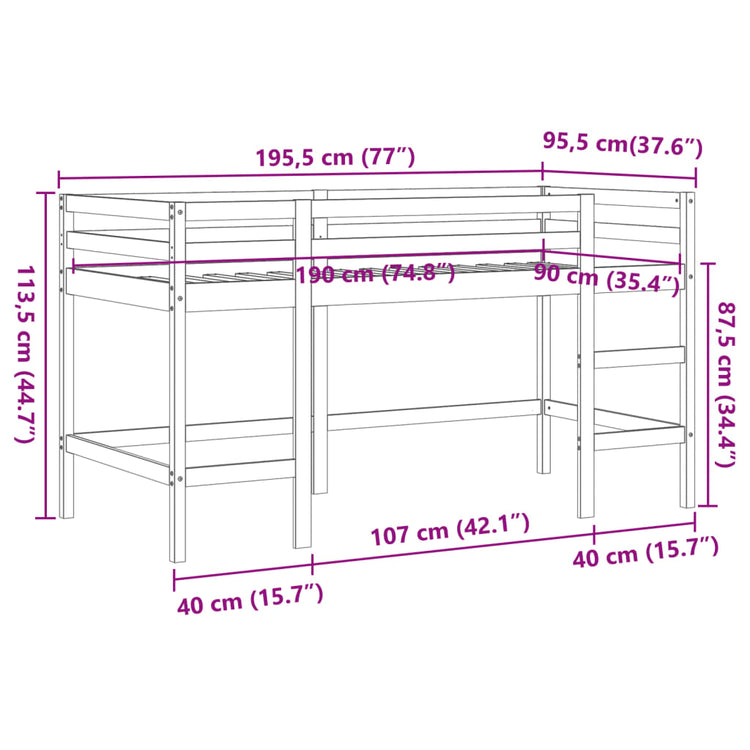 Letto Soppalco con Scala Bambini Marrone 90x190cm Massello Pino 852399