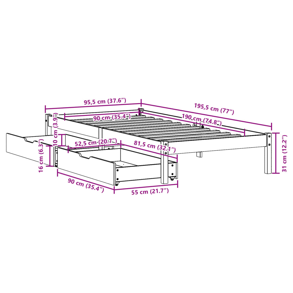 Letto senza Materasso Marrone Cera 90x190 cm in Legno di Pino 3301447