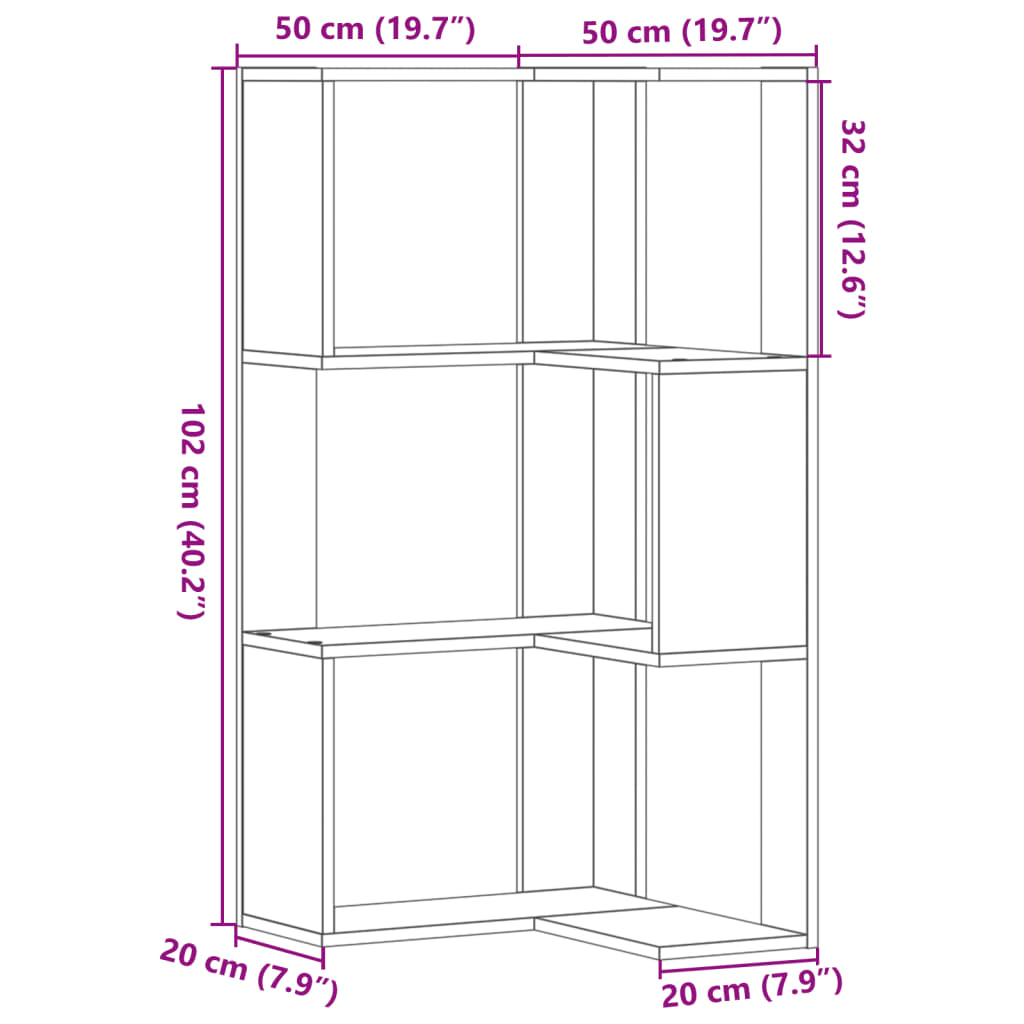 Libreria Angolare 3Ripiani Bianca 50x50x102cm Legno Multistrato 852591