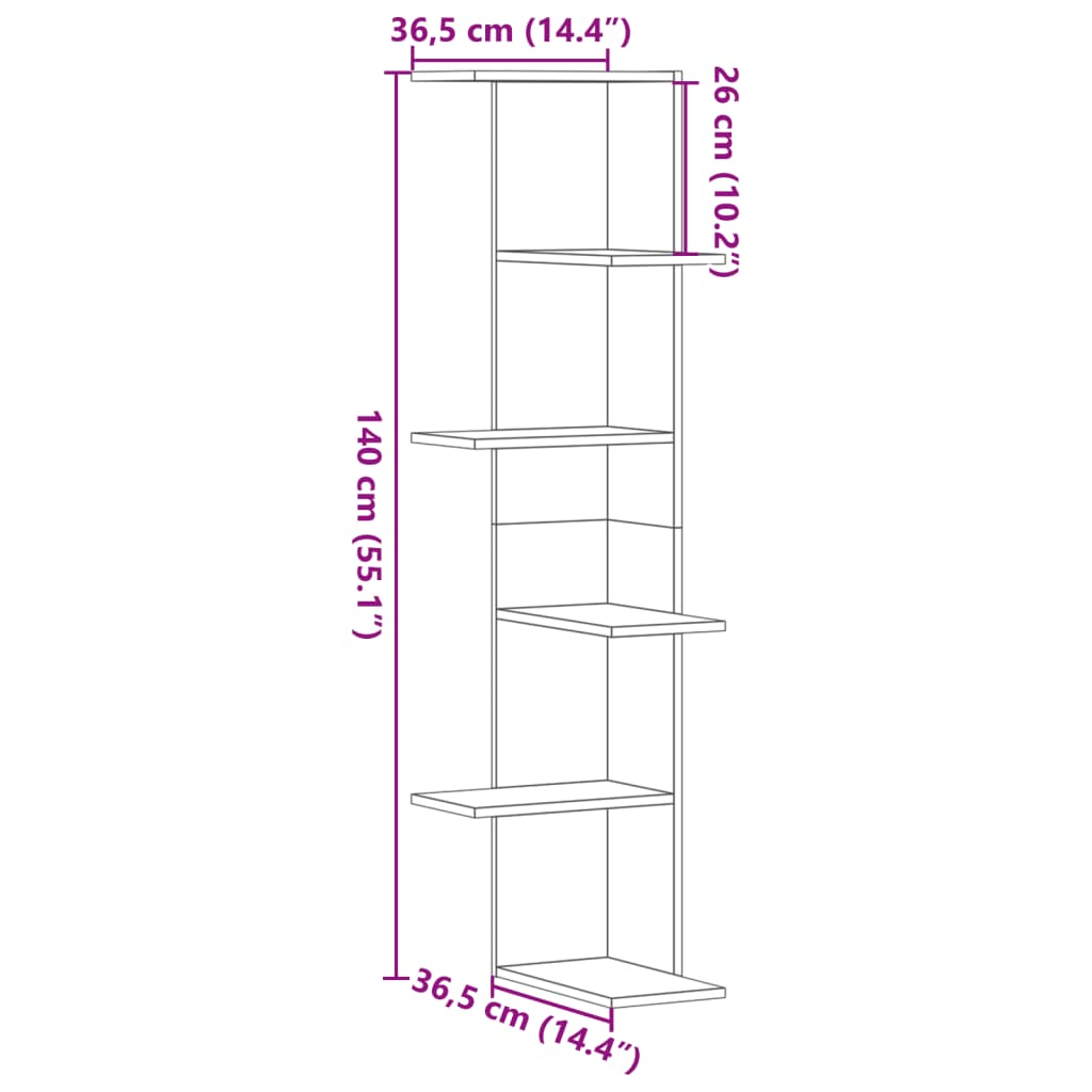 Scaffale Angolare Muro Bianco 36,5x36,5x140cm Legno Multistrato 852627