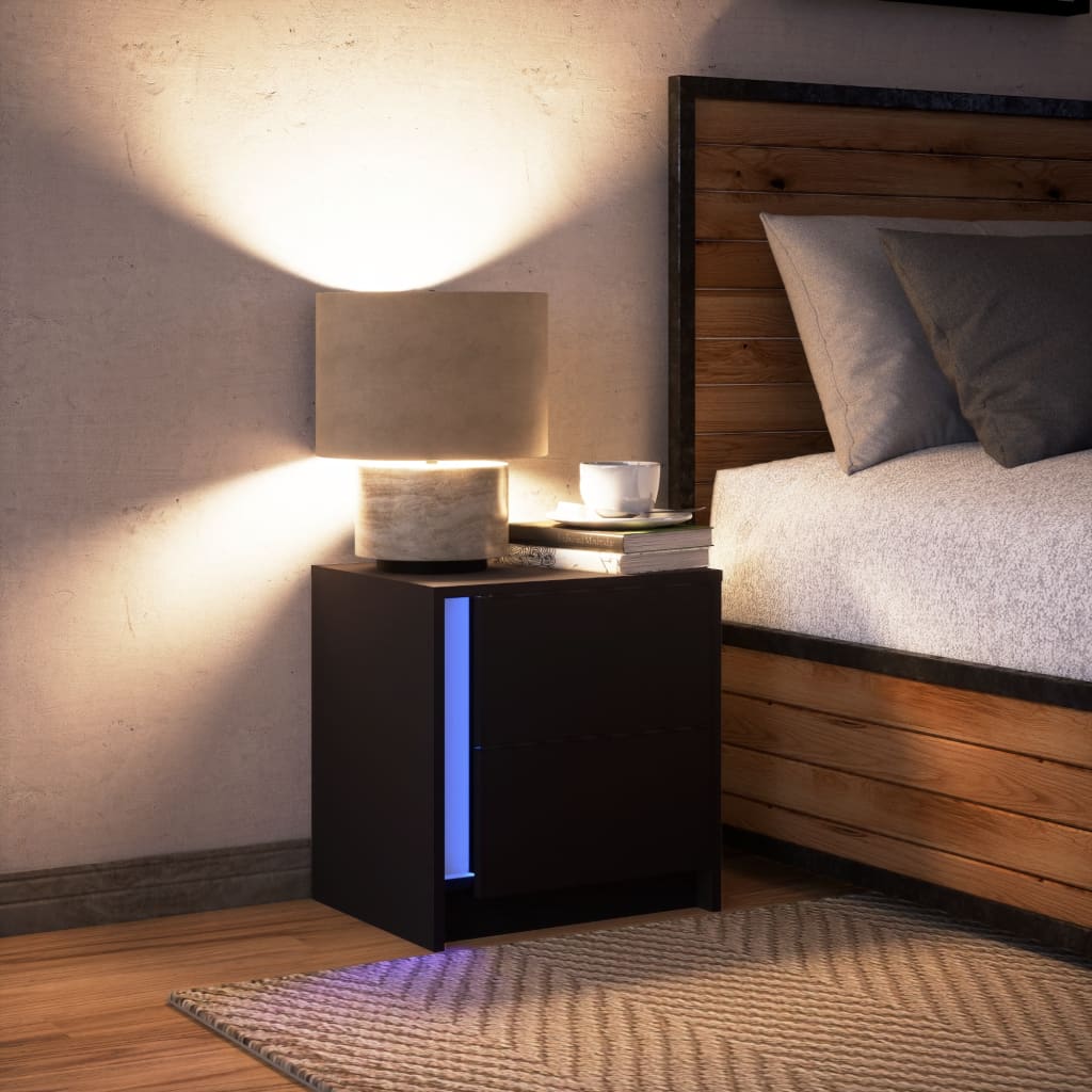 Comodino con Luci LED Nero in Legno Multistrato 852049