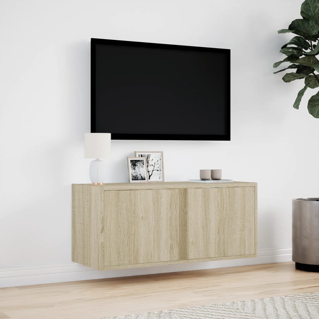 Mobile TV a Parete con Luci LED Rovere Sonoma 80x31x35 cm 852259