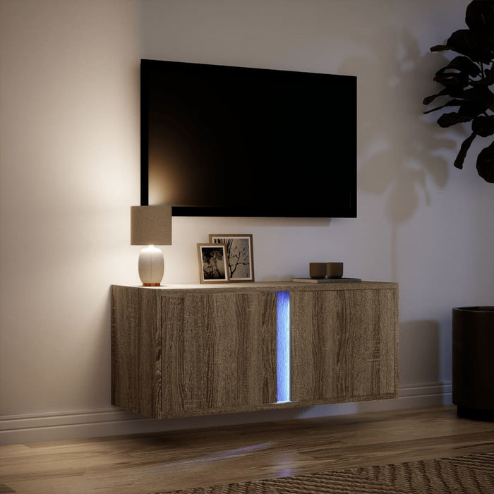 Mobile TV a Parete con Luci LED Rovere Sonoma 80x31x35 cm 852259