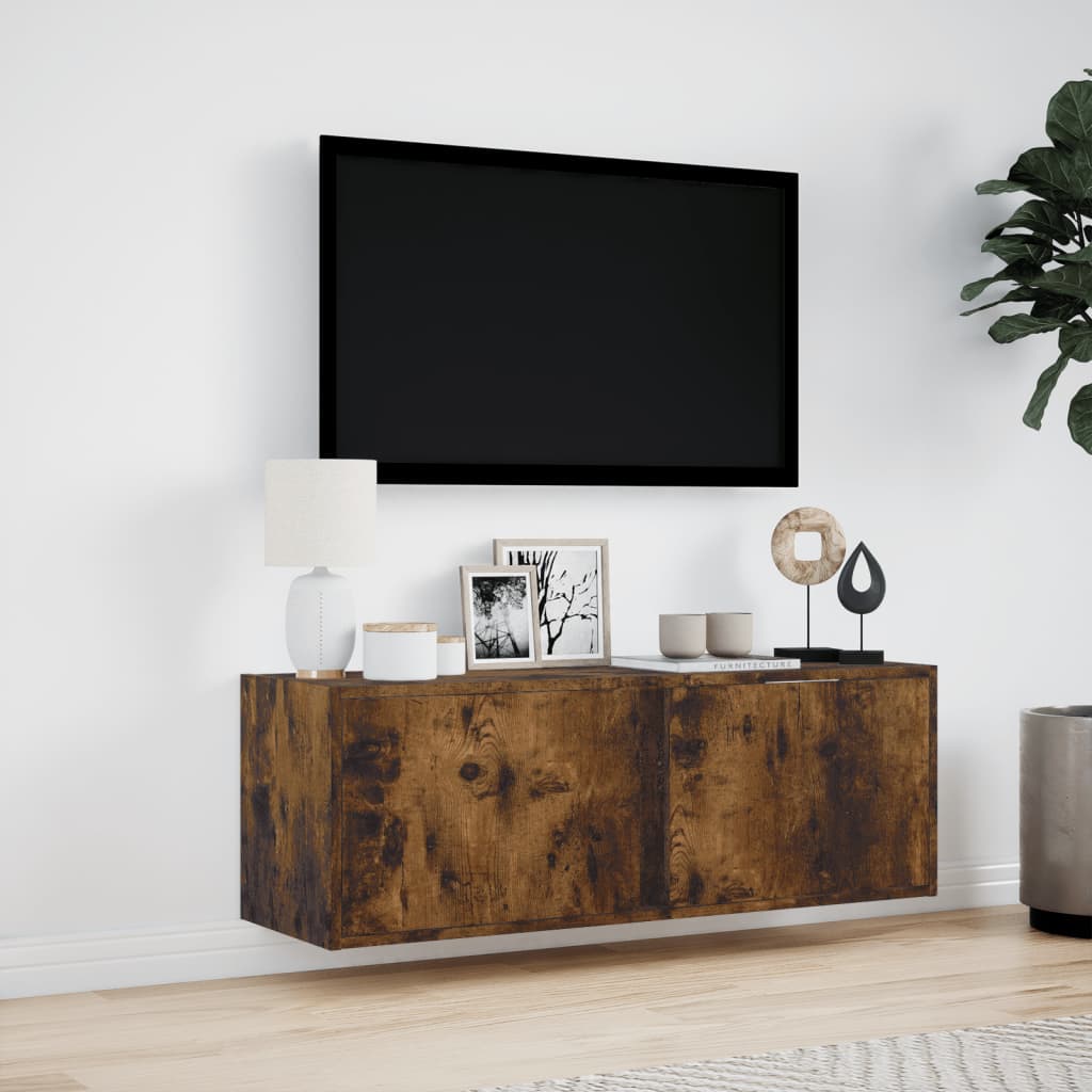 Mobile TV a Parete con Luci LED Rovere Fumo 100x31x35 cm 852268