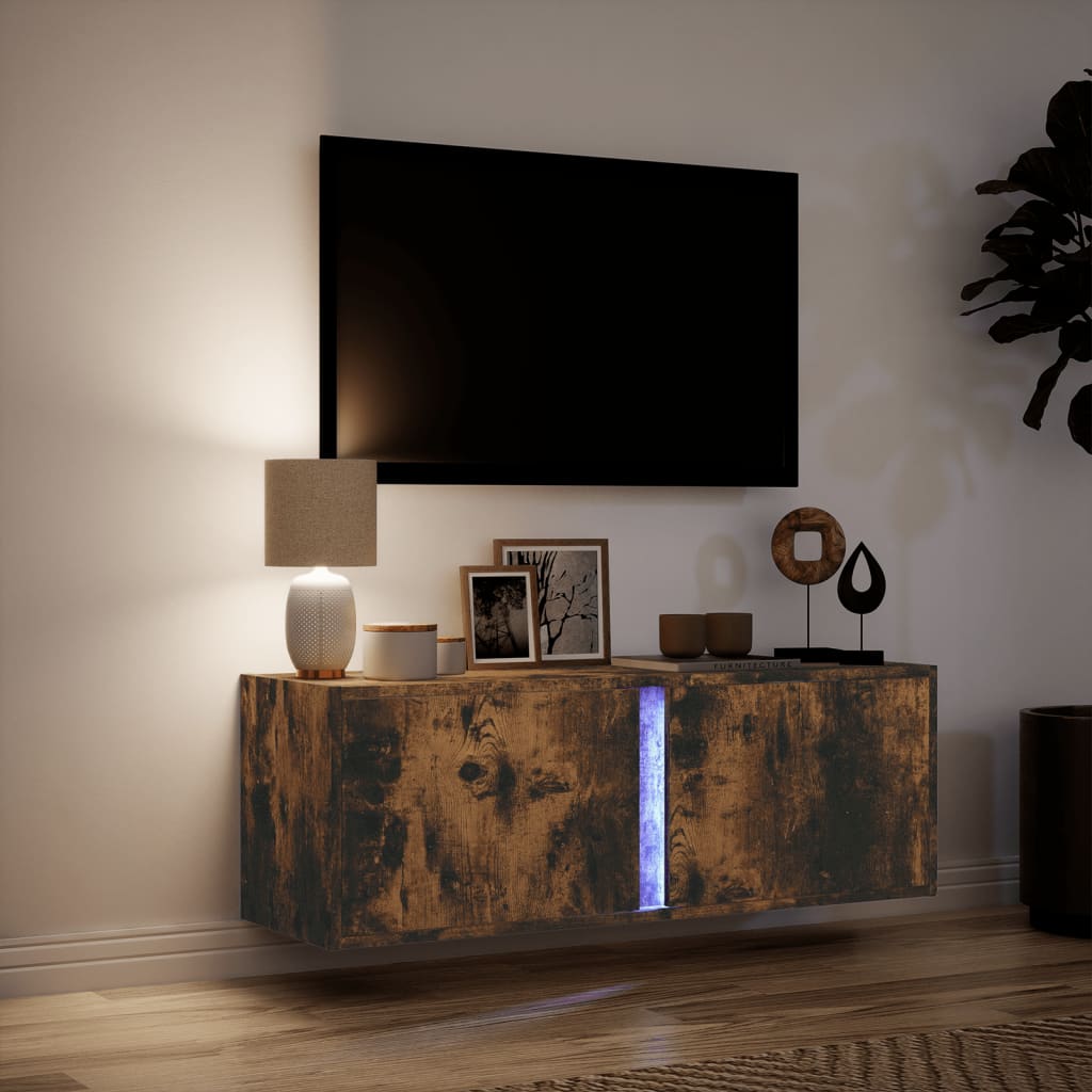 Mobile TV a Parete con Luci LED Rovere Fumo 100x31x35 cm 852268