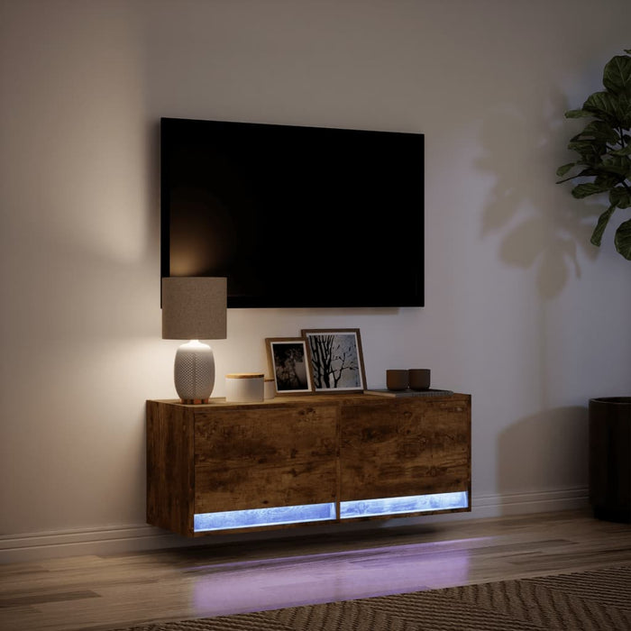 Mobile TV a Parete con Luci LED Rovere Fumo 100x31x35 cm 852366