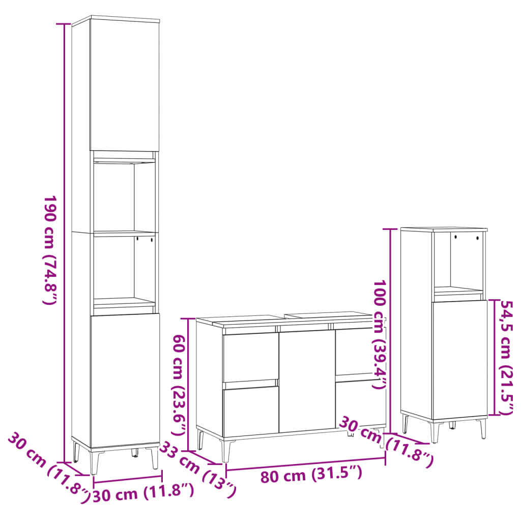 Set Mobili da Bagno 3 pz Rovere Sonoma in Legno Multistrato 3307672