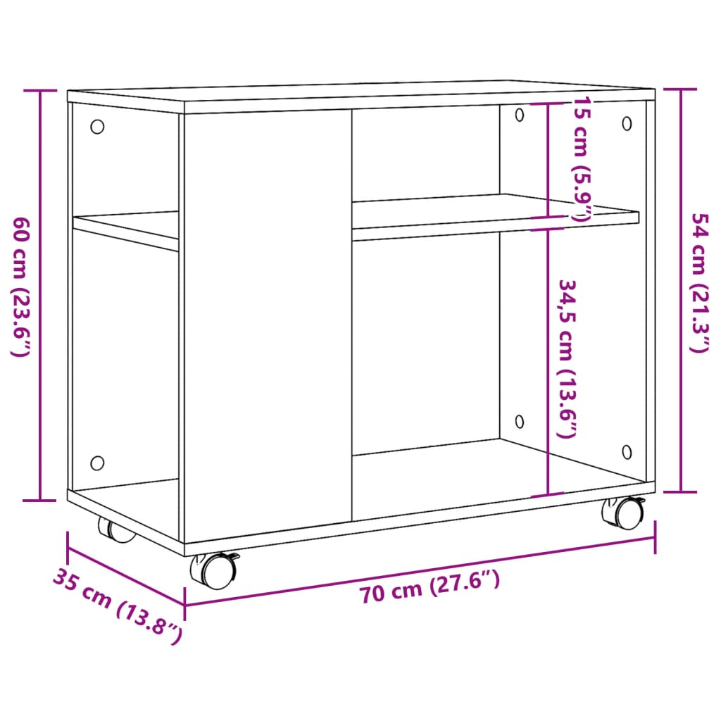 Tavolino con Ruote Grigio Cemento 70x35x60 cm in Truciolato 853149