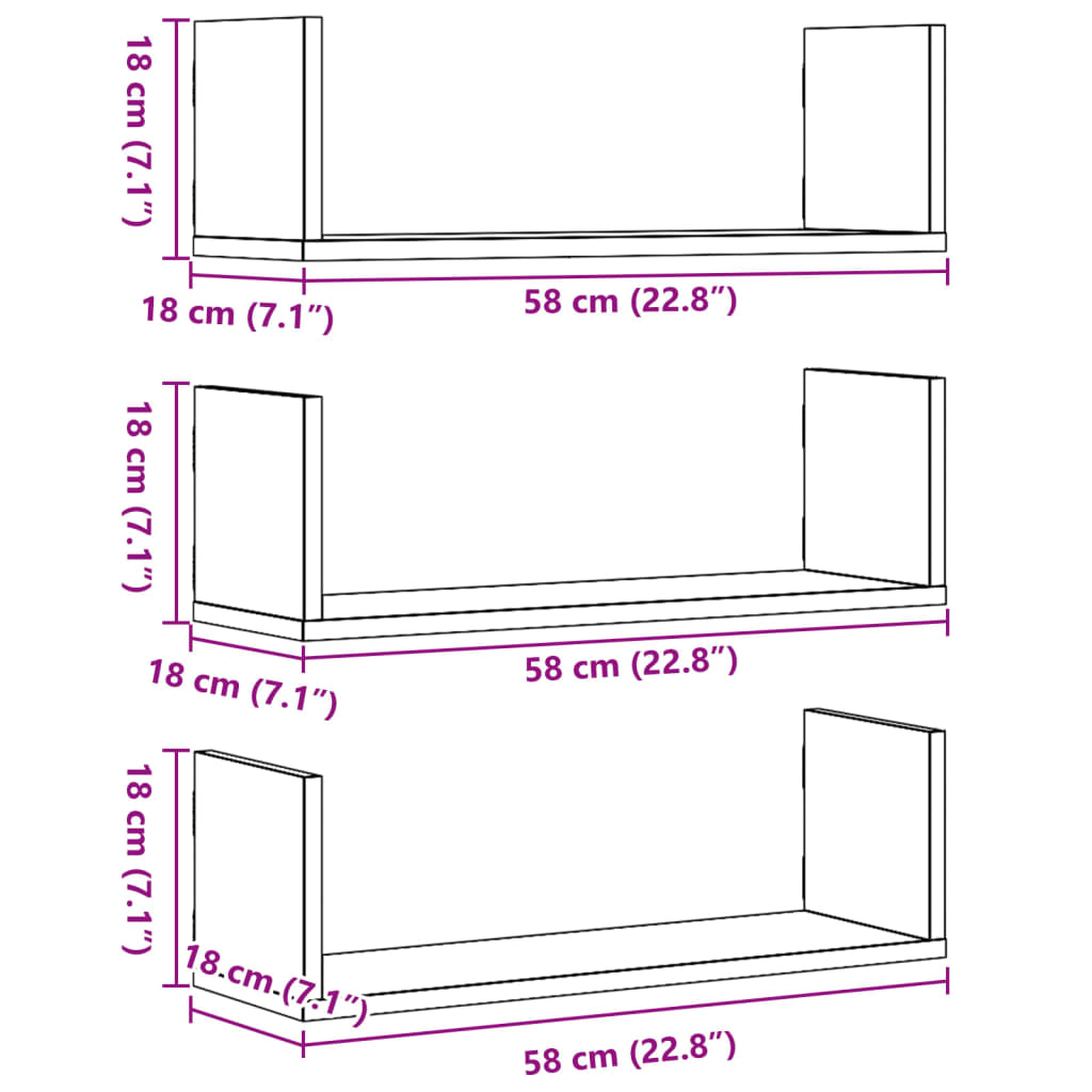 Mensole Parete 3pz Rovere Artigianale 58x18x18 cm in Truciolato 853289