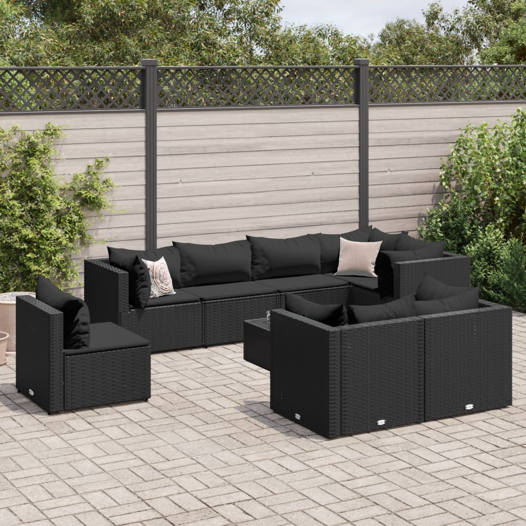 Set Salotto da Giardino con Cuscini 9pz Nero in Polyrattan 3308203