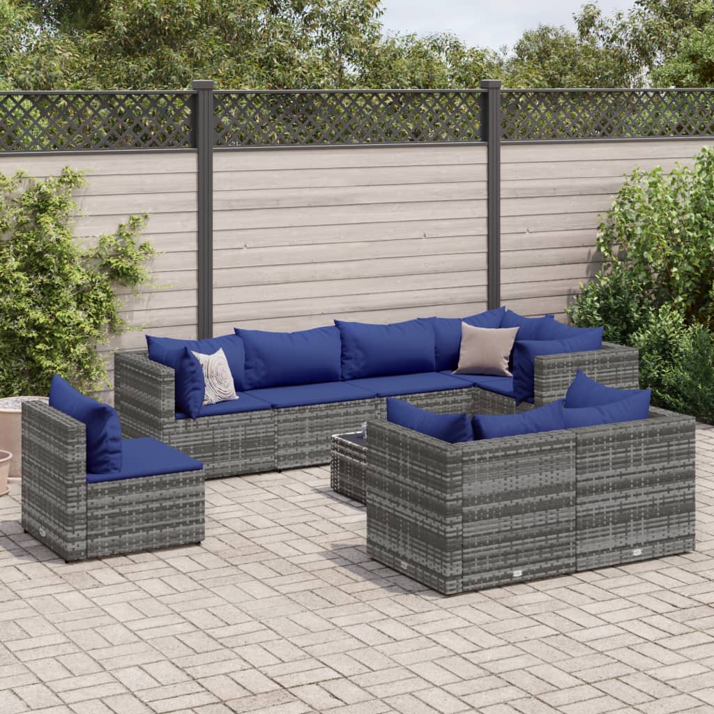 Set Divani da Giardino 9 pz con Cuscini in Polyrattan Grigio 3308207