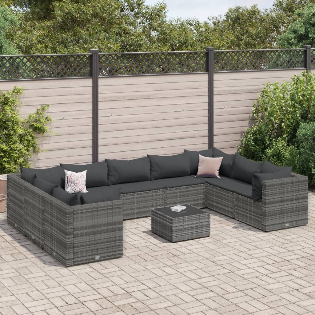 Set Divani da Giardino 10 pz con Cuscini in Polyrattan Grigio 3308274