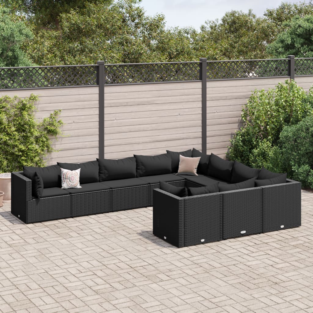 Set Divani da Giardino 10pz con Cuscini in Polyrattan Nero 3308331