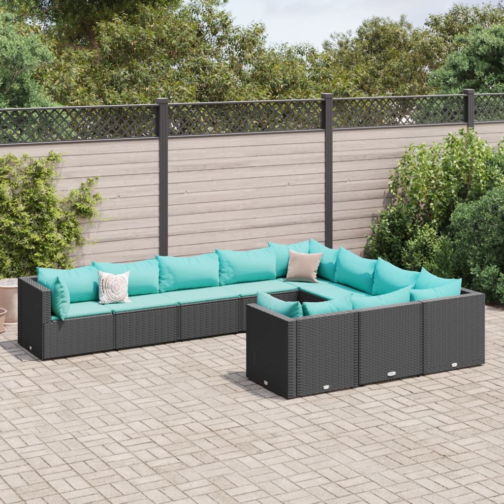 Set Divani da Giardino 10pz con Cuscini in Polyrattan Nero 3308332