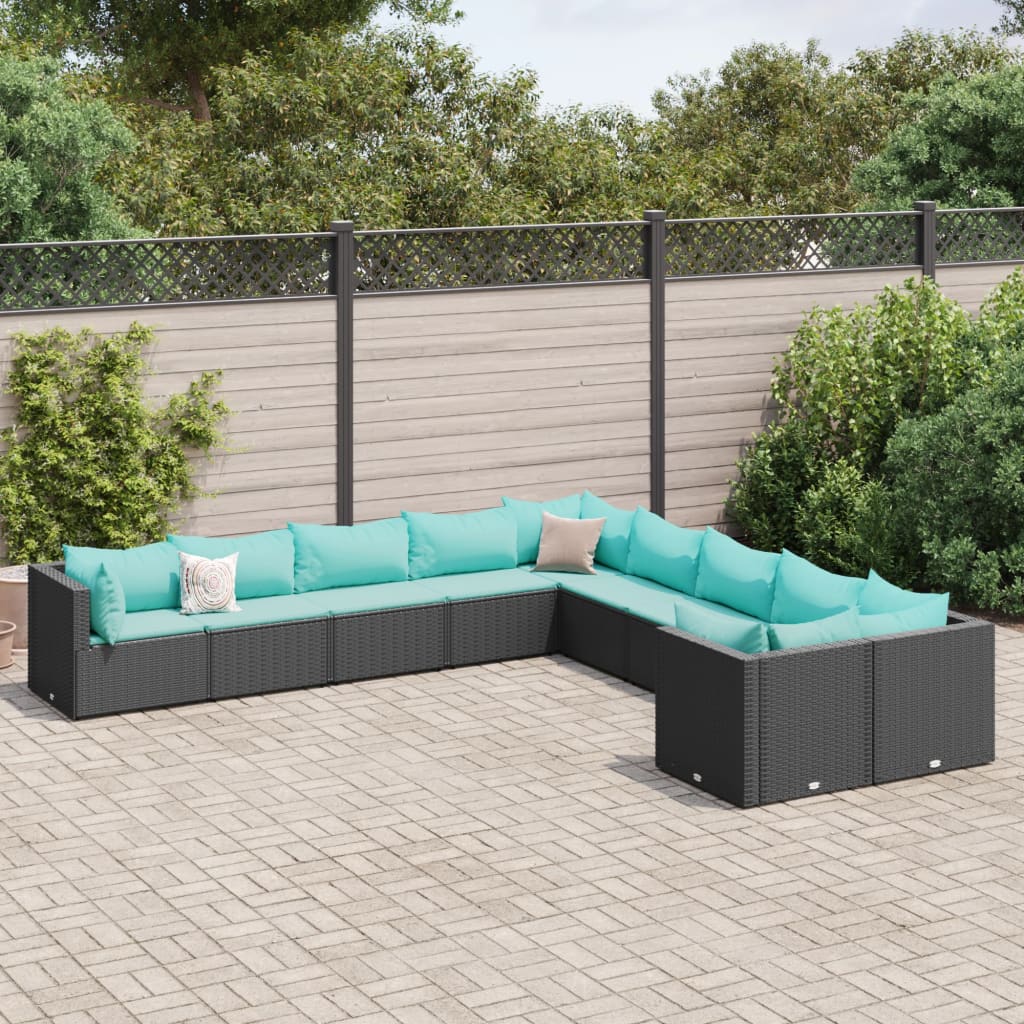 Set Divani da Giardino 10pz con Cuscini in Polyrattan Nero 3308348