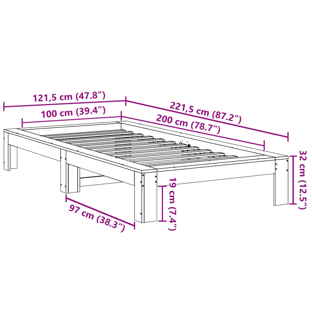 Giroletto senza Materasso Bianco 100x200 cm Legno Massello Pino 855323