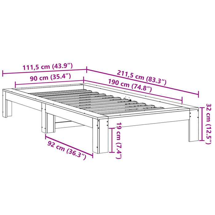 Letto senza Materasso Marrone Cera 90x190 cm in Legno di Pino 855339