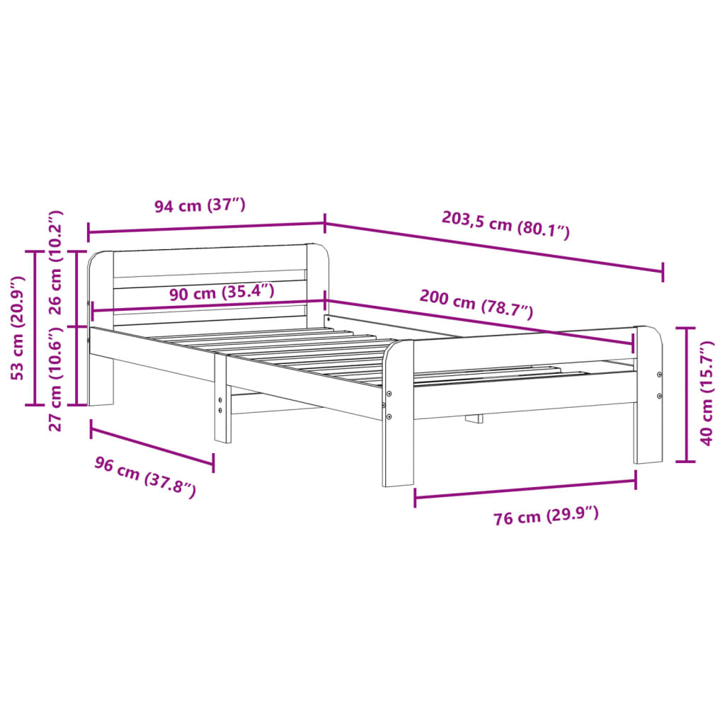 Letto senza Materasso Bianco 90x200 cm Legno Massello di Pino 855482