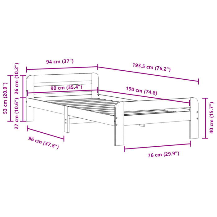 Letto senza Materasso Bianco 90x190 cm in Legno Massello Pino 855494