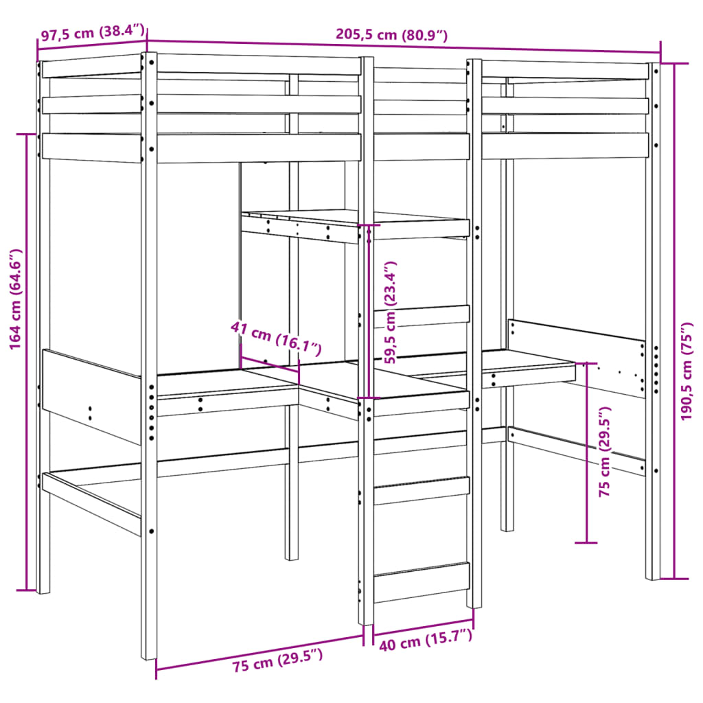 Giroletto Soppalco con Scrivanie e Ripiani 90x200cm Legno Pino 3308541