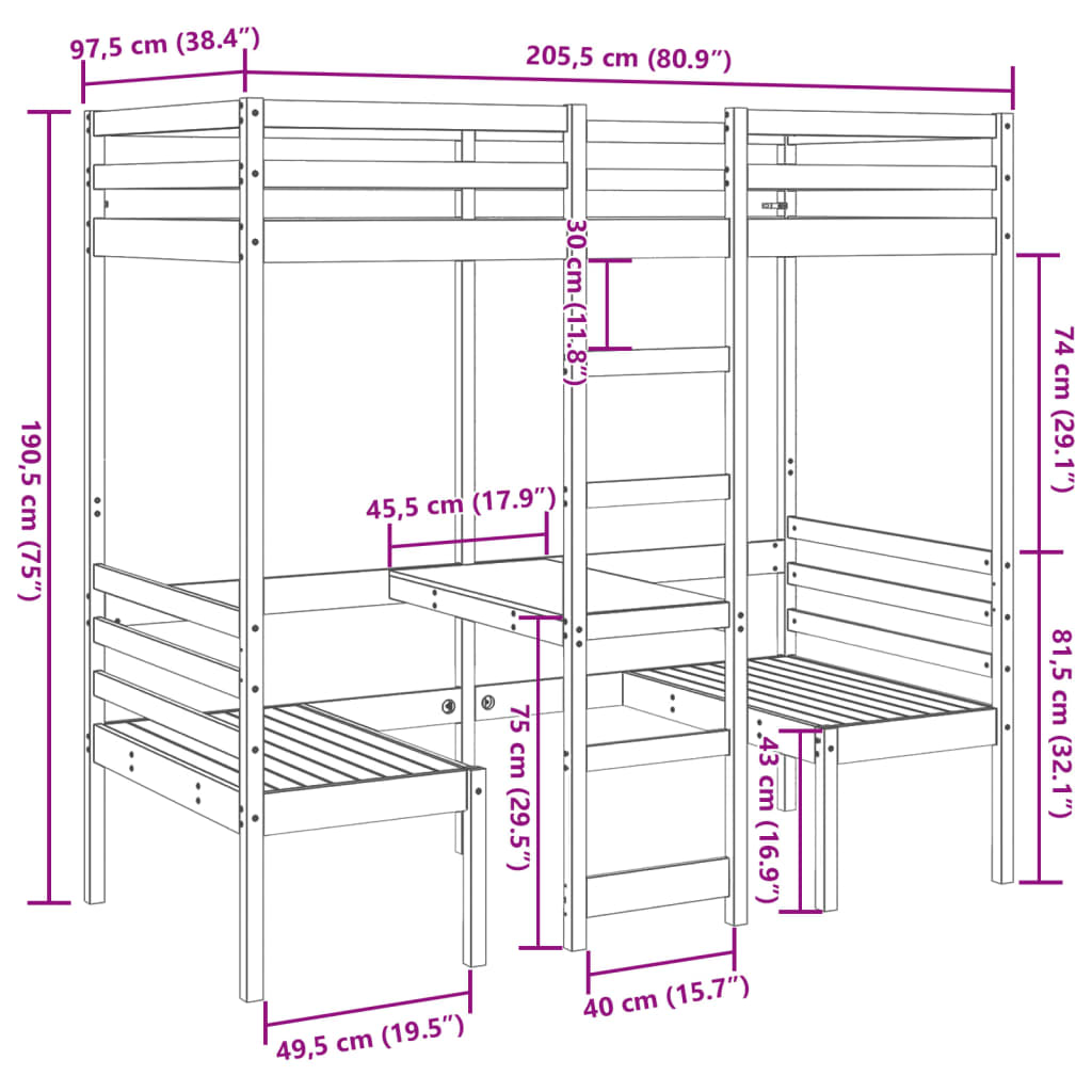 Giroletto Soppalco con Scrivania e Sedie 90x200cm Legno Pino 3308553