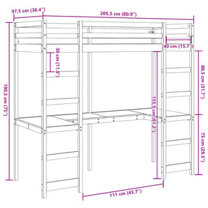 Letto a Soppalco con Scrivania 90x200 cm Legno Massello Pino 3308565